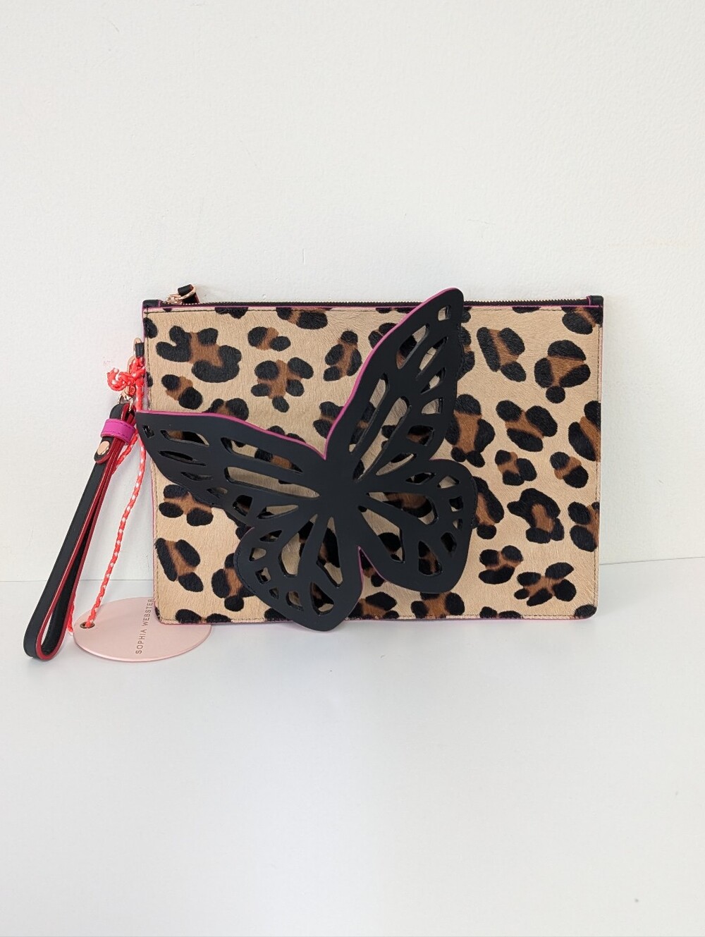 NWT Sophia Webster Flossy Leopard Fuchsia butterfly clutch